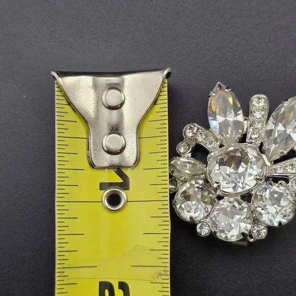 Eisenberg Vintage Rhinestone Clip-On Earrings  Floral Silver-Tone Statement READ - Picture 8 of 11